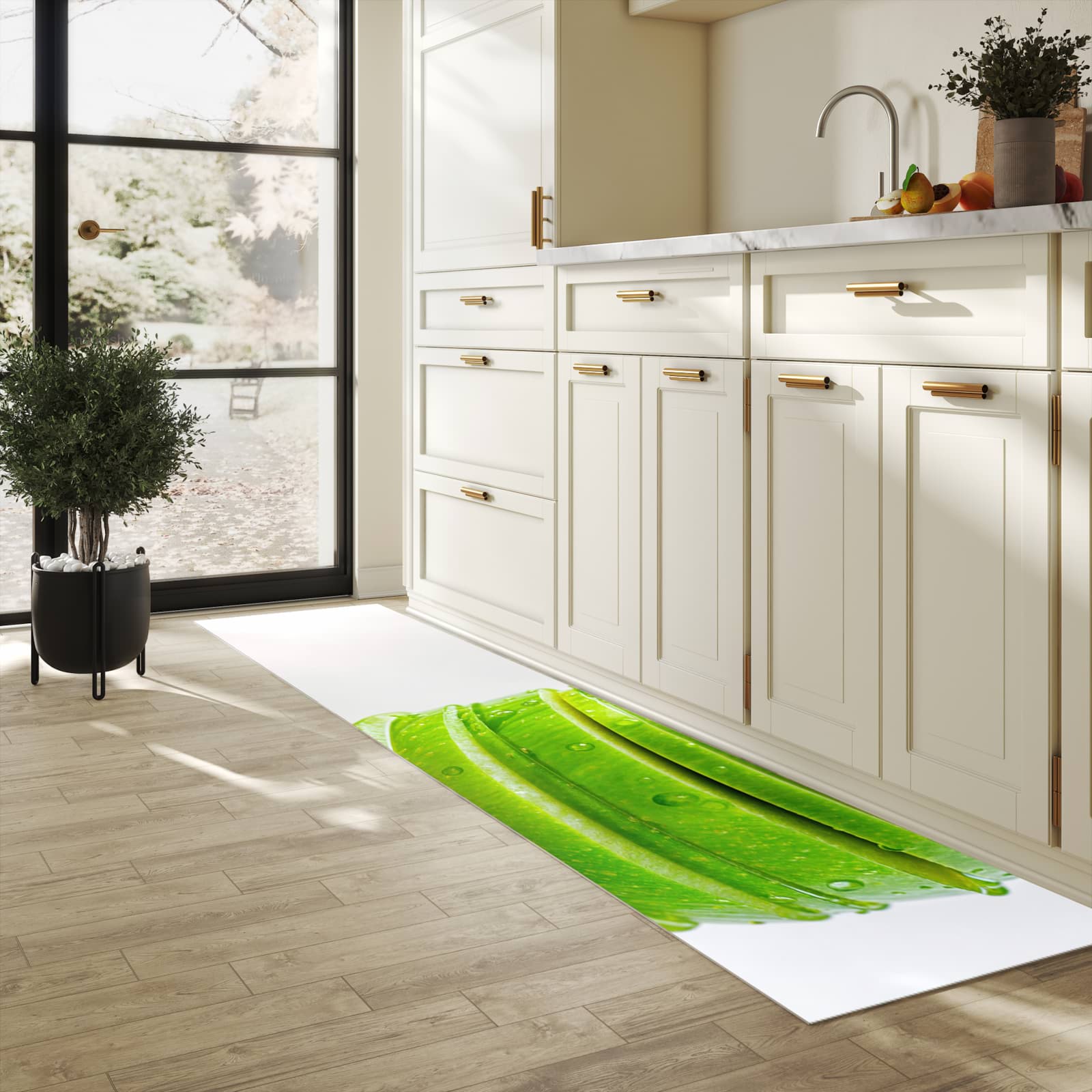 Geräuschdämpfender Küchenvorleger mit Motiv Geschnittener Apfel in heller Küche