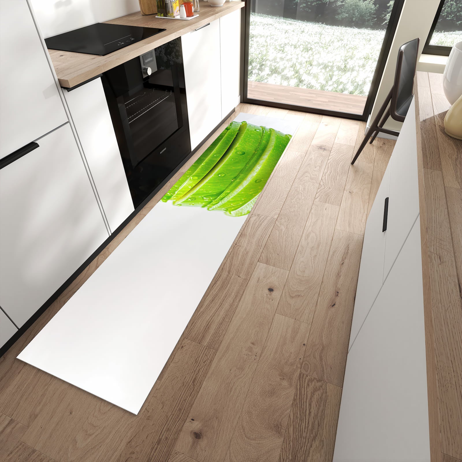 Fleckenresistenter Küchenteppich mit Motiv Geschnittener Apfel in moderner Küche