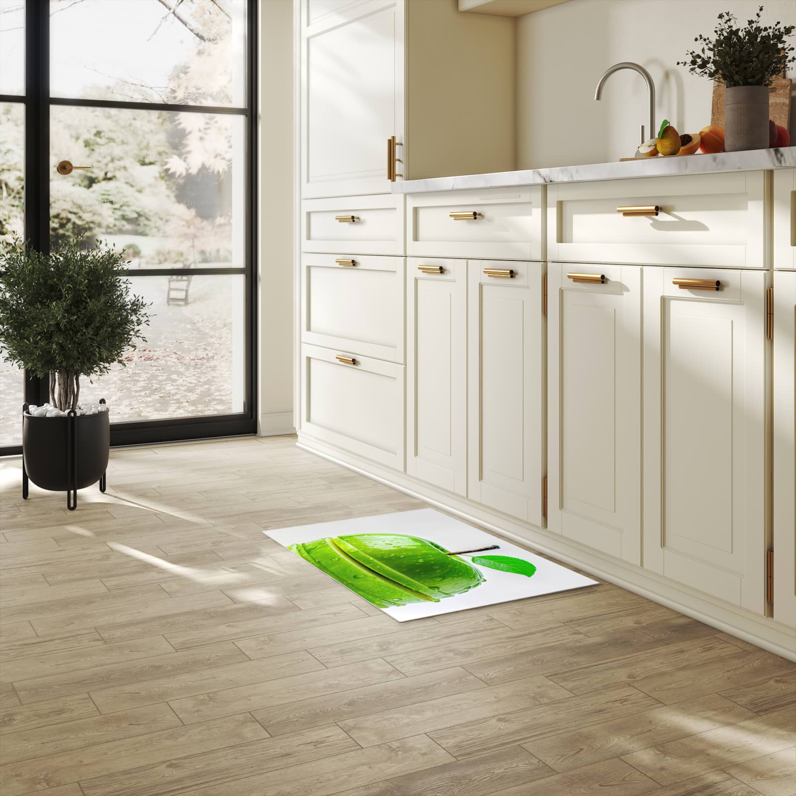 Abriebfester waschbarer Teppich Küche mit Motiv Geschnittener Apfel in heller Küche