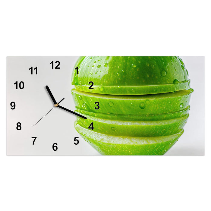Wanduhr Geschnittener Apfel aus Glas – Querformat 60 × 30 cm mit Ziffernblatt Modern