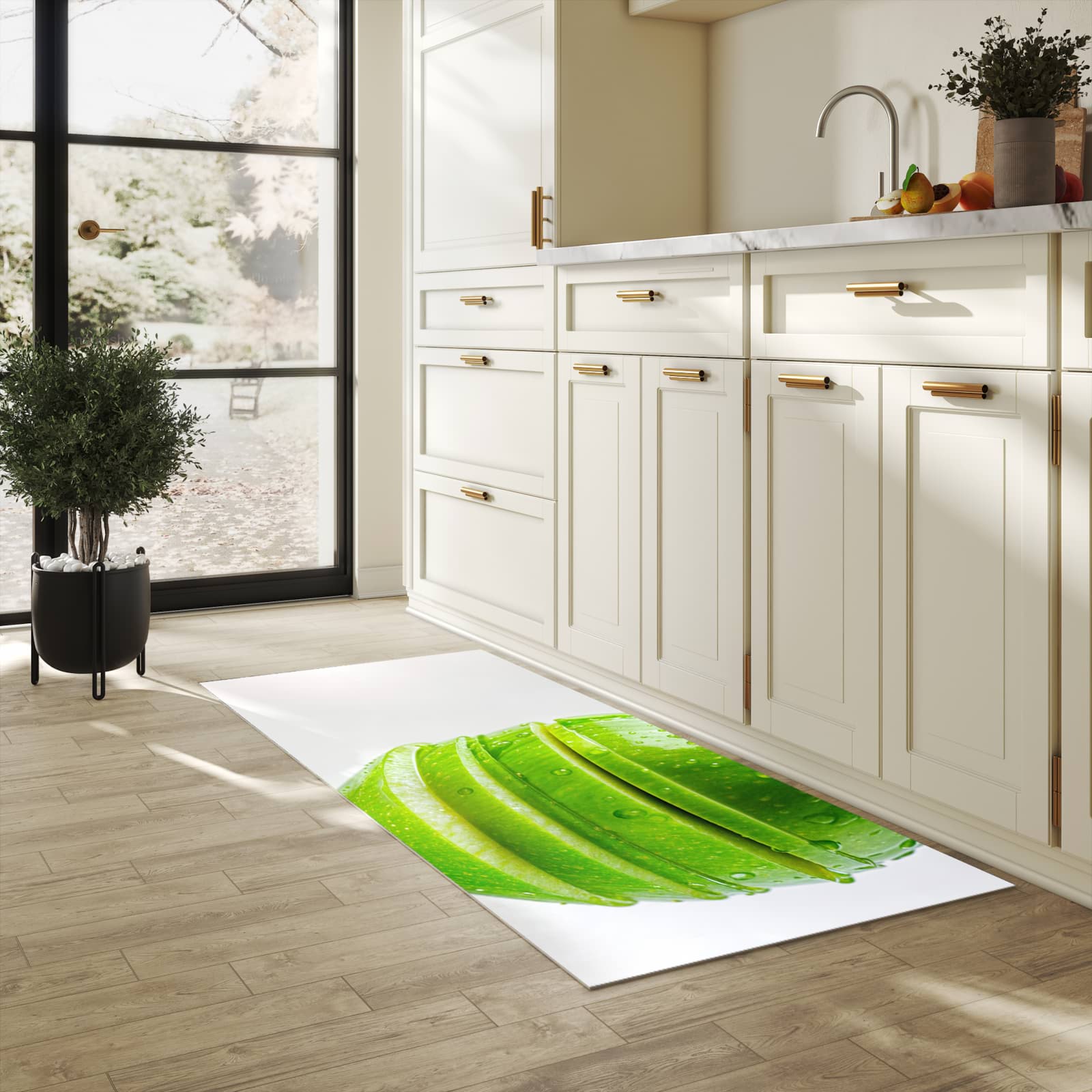 UV-beständiger Küchenläufer mit Motiv Geschnittener Apfel in heller Küche