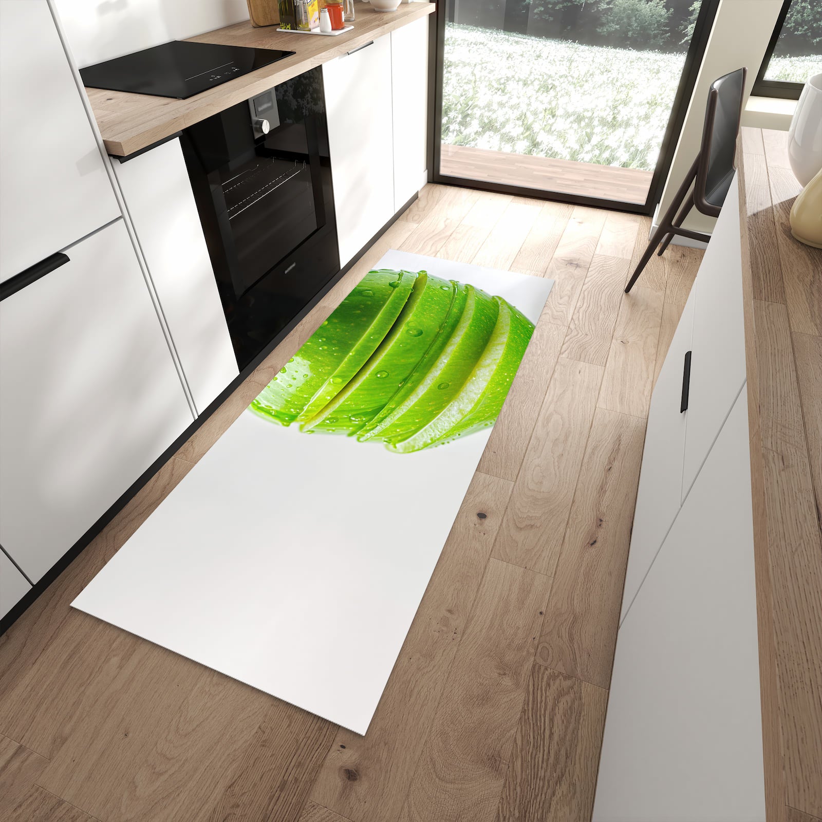 Langlebiger Küchenläufer mit Motiv Geschnittener Apfel in moderner Küche
