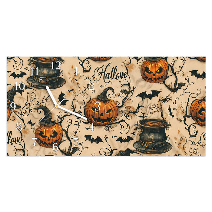 Wanduhr Halloween Kürbisse aus Glas – Querformat 60 × 30 cm mit Ziffernblatt Klassisch