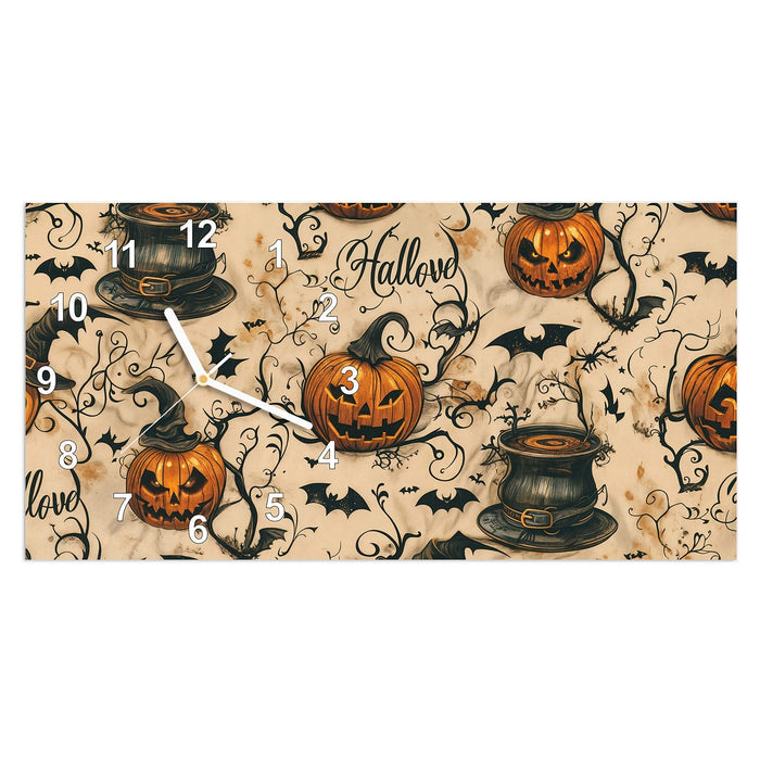 Wanduhr Halloween Kürbisse aus Glas – Querformat 60 × 30 cm mit Ziffernblatt Modern