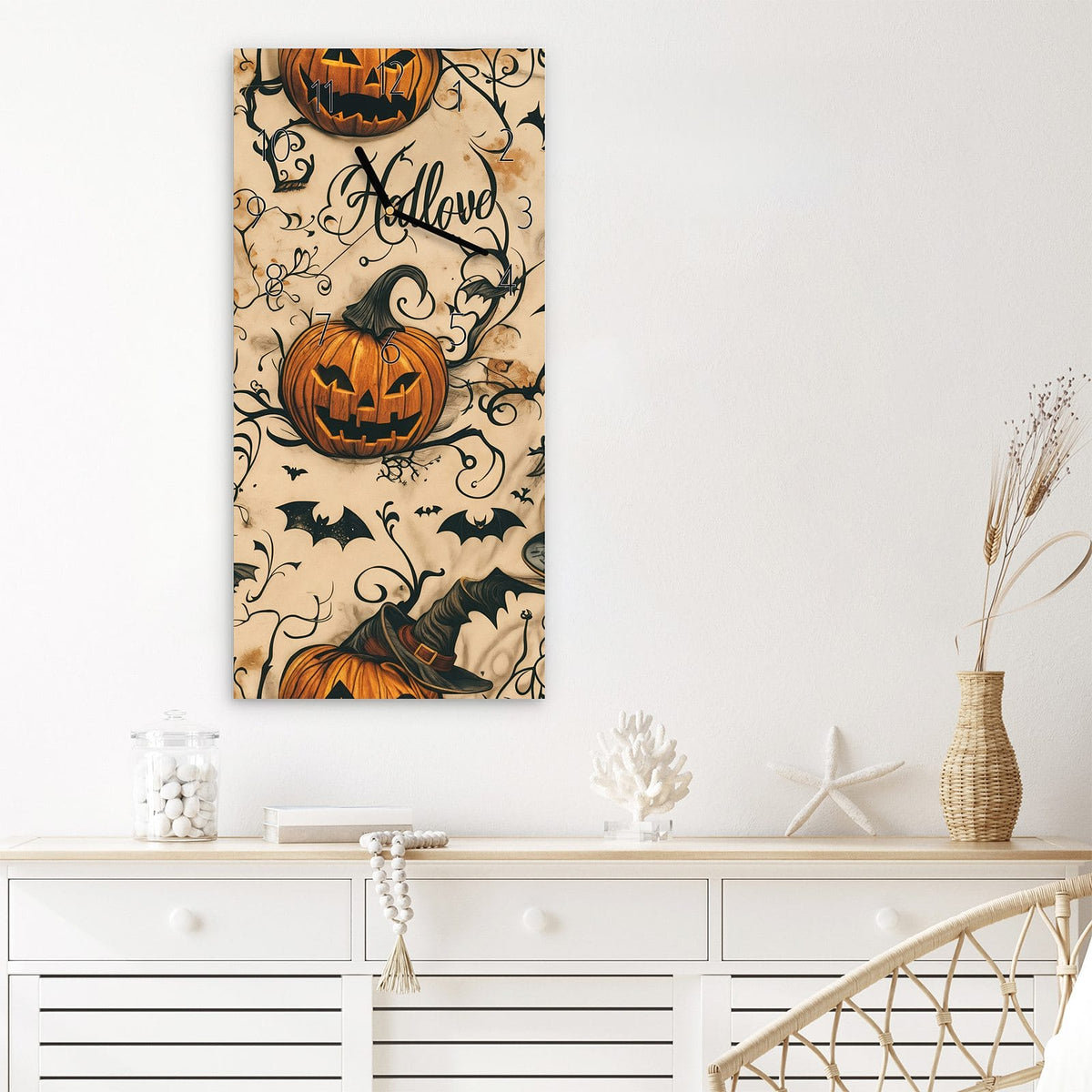 Wanduhr Halloween Kürbisse aus Glas – Hochformat 30 × 60 cm – Kürbisgesichter, Fledermäuse und Hexenhüte