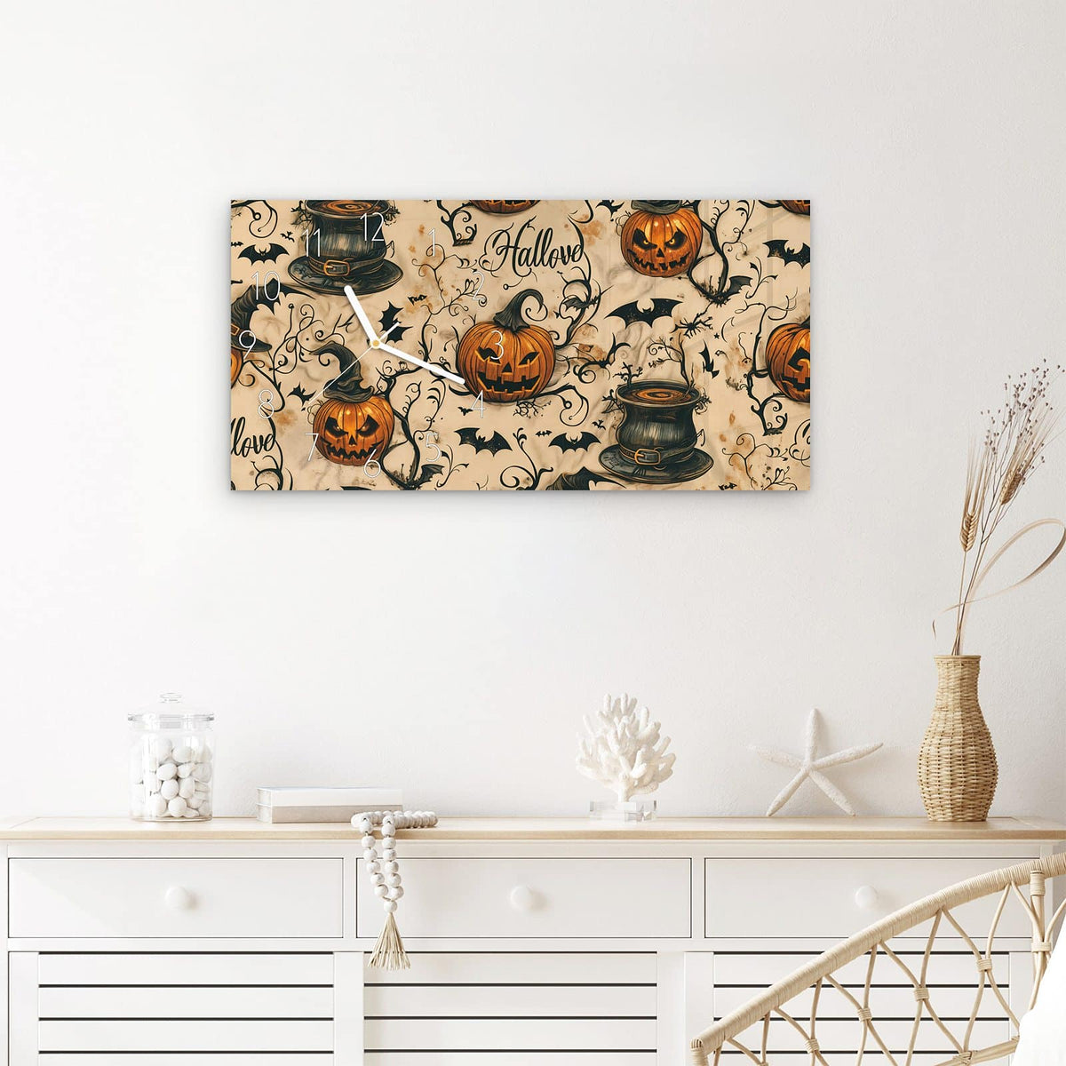 Wanduhr Halloween Kürbisse aus Glas – Querformat 60 × 30 cm – Kürbisgesichter, Fledermäuse und Hexenhüte