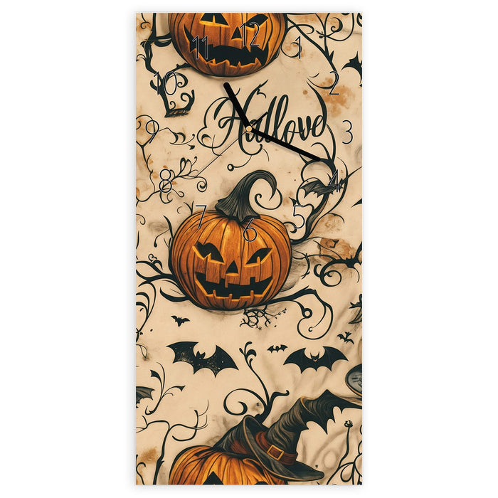 Wanduhr Halloween Kürbisse aus Glas – Hochformat 30 × 60 cm mit Ziffernblatt Elegant