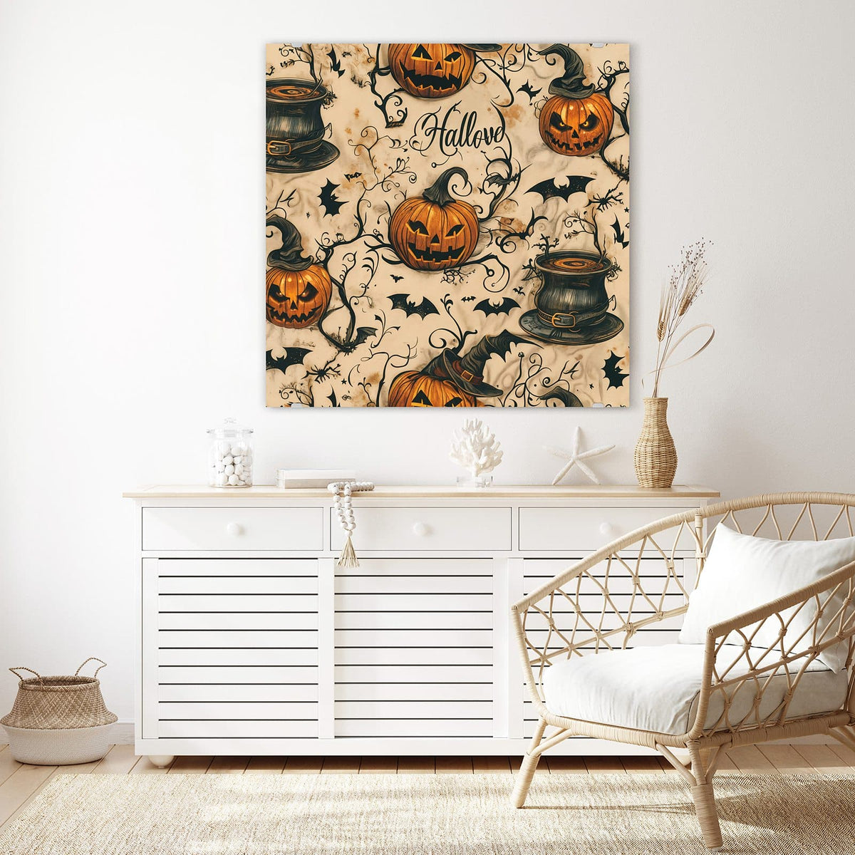 Glasbild Halloween Kürbisse an der Wand – Nahtloses Vintage-Muster aus Kürbisfratzen, Fledermäusen, Hexenhüten und Halloween-Schriftzug auf Beige