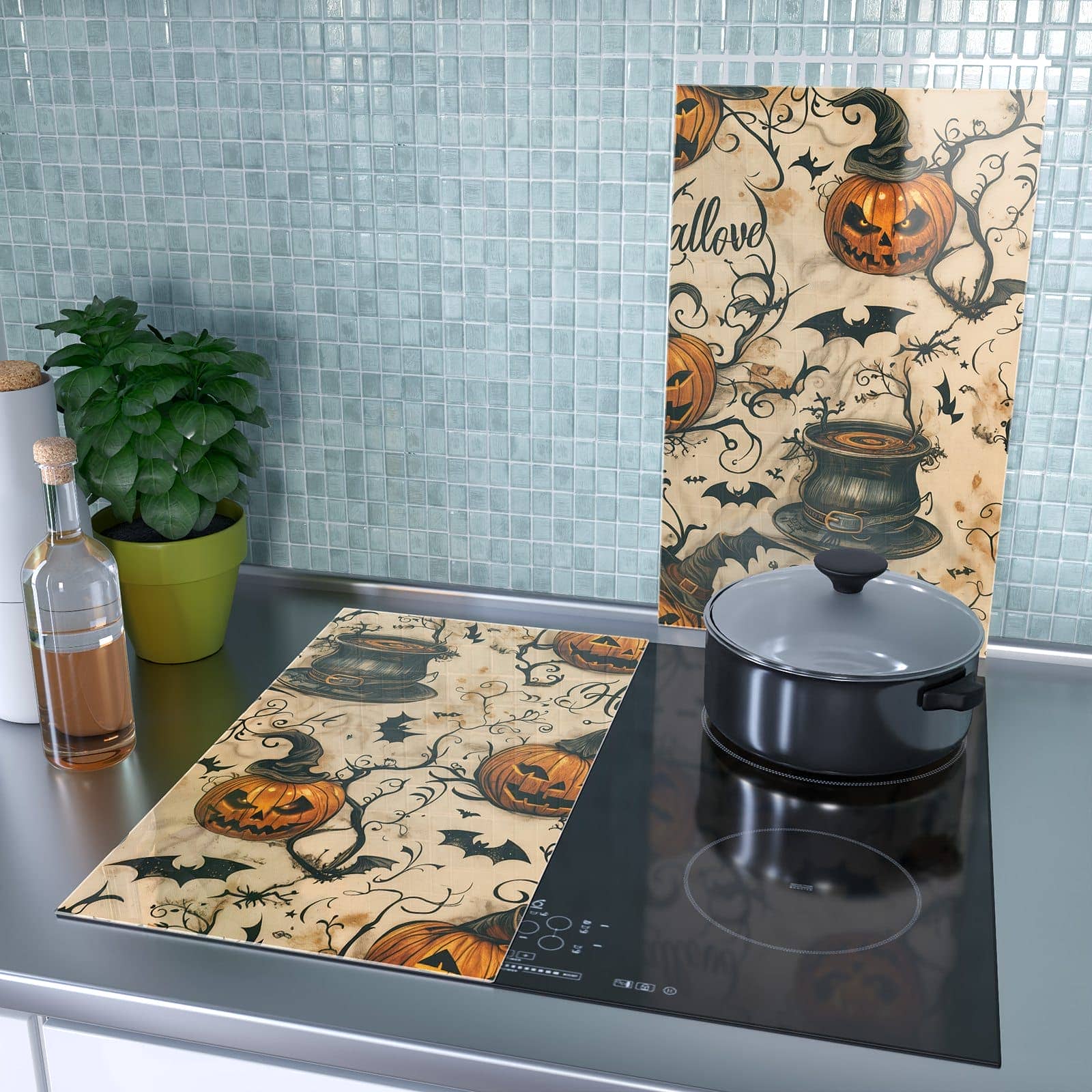 2-teilige Herdabdeckplatte Induktion mit Halloween Kürbisse-Motiv als Spritzschutz hinter dem Kochfeld