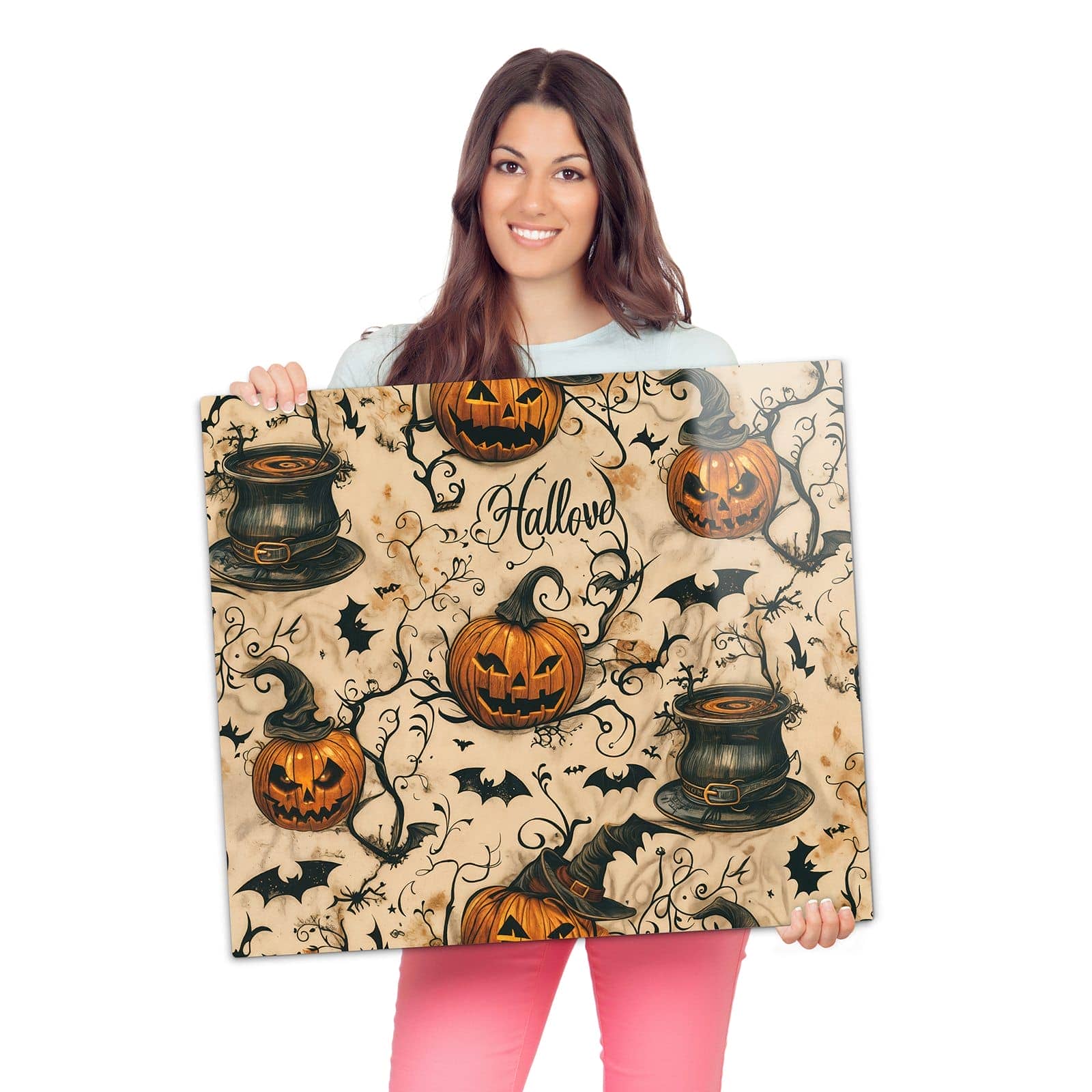 Kochfeldabdeckung mit Halloween Kürbisse-Motiv wird zur Größendarstellung gehalten