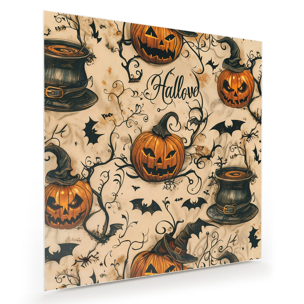 Nahtloses Vintage-Muster aus Kürbisfratzen, Fledermäusen, Hexenhüten und Halloween-Schriftzug auf Beige