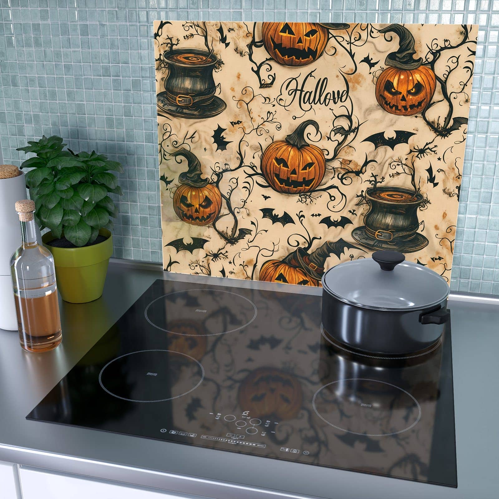 1-teilige Abdeckplatte Ceranfeld mit Halloween Kürbisse-Motiv als Spritzschutz hinter dem Kochfeld