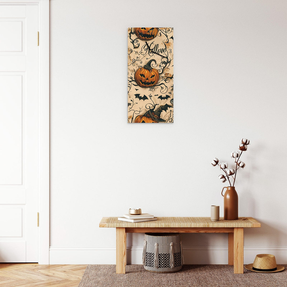 Moderne Wanduhr aus Glas mit Farbtiefe – Wanduhr Halloween Kürbisse aus Glas – Hochformat 30 × 60 cm