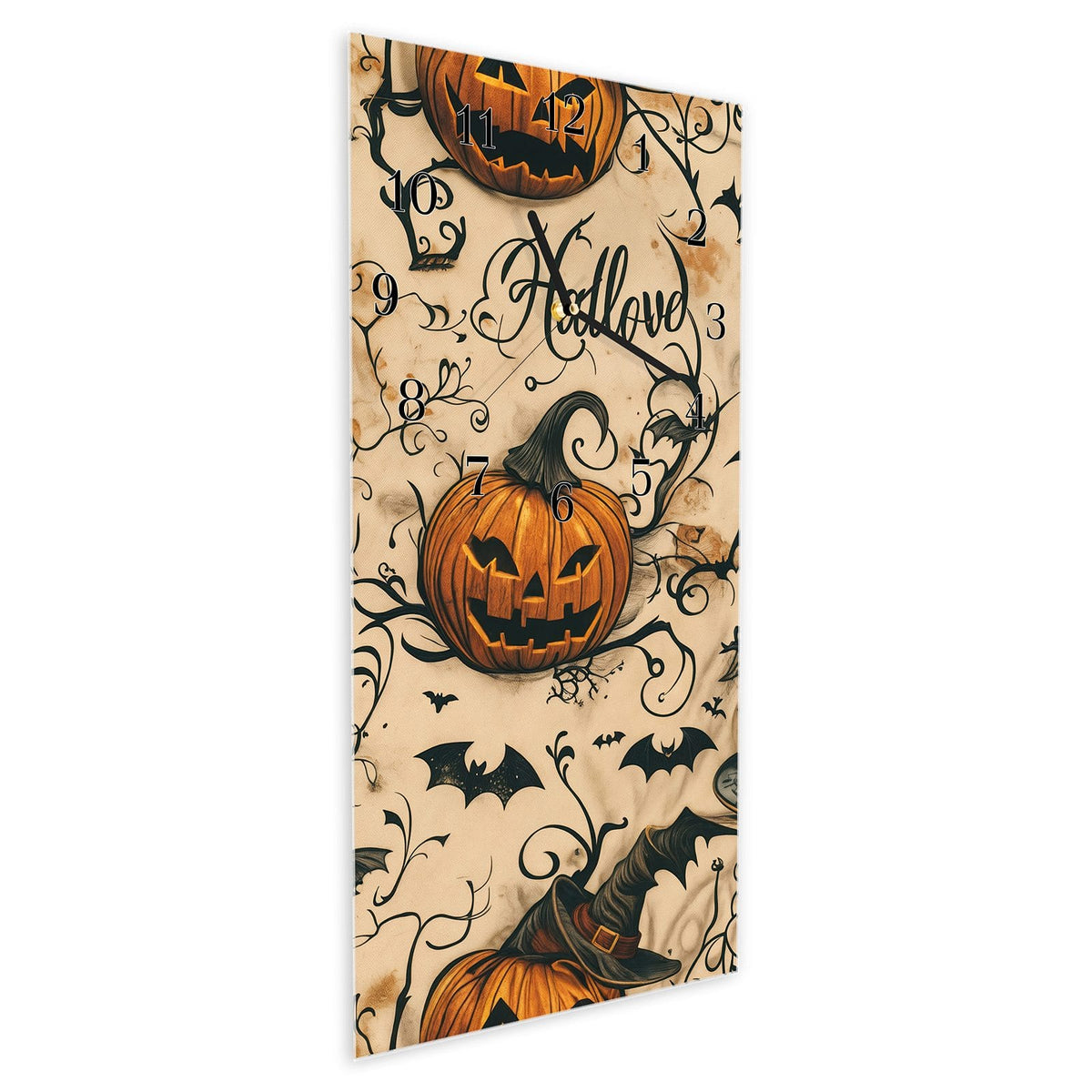 Vormontiert – mit Schwebeeffekt – Wanduhr Halloween Kürbisse aus Glas – Hochformat 30 × 60 cm
