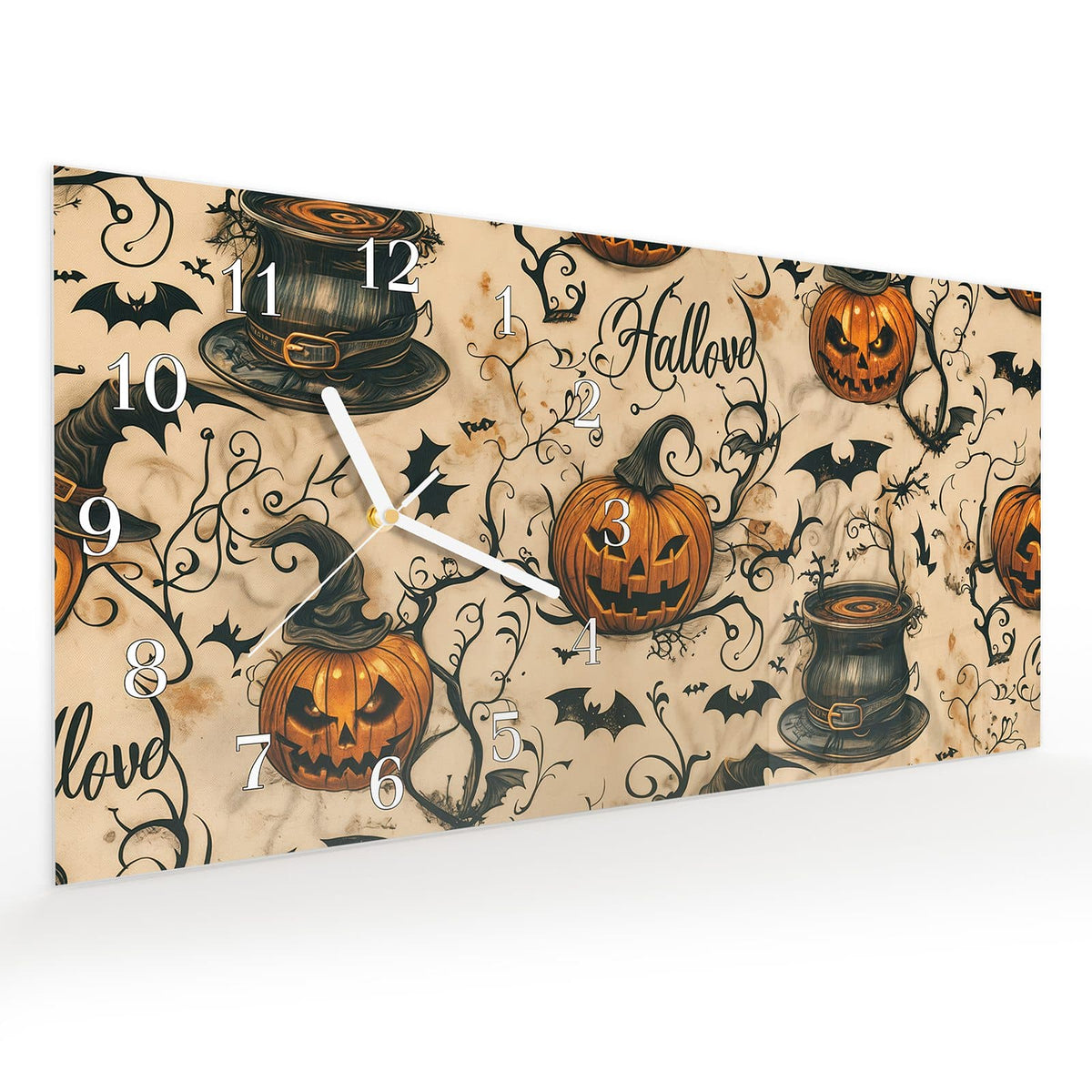 Vormontiert – mit Schwebeeffekt – Wanduhr Halloween Kürbisse aus Glas – Querformat 60 × 30 cm