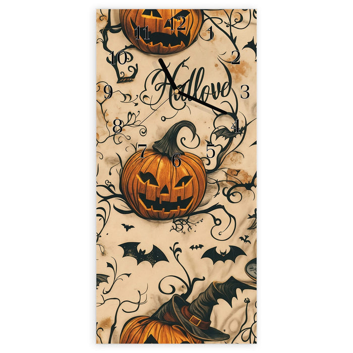 Wanduhr Halloween Kürbisse aus Glas – Hochformat 30 × 60 cm mit Ziffernblatt Klassisch