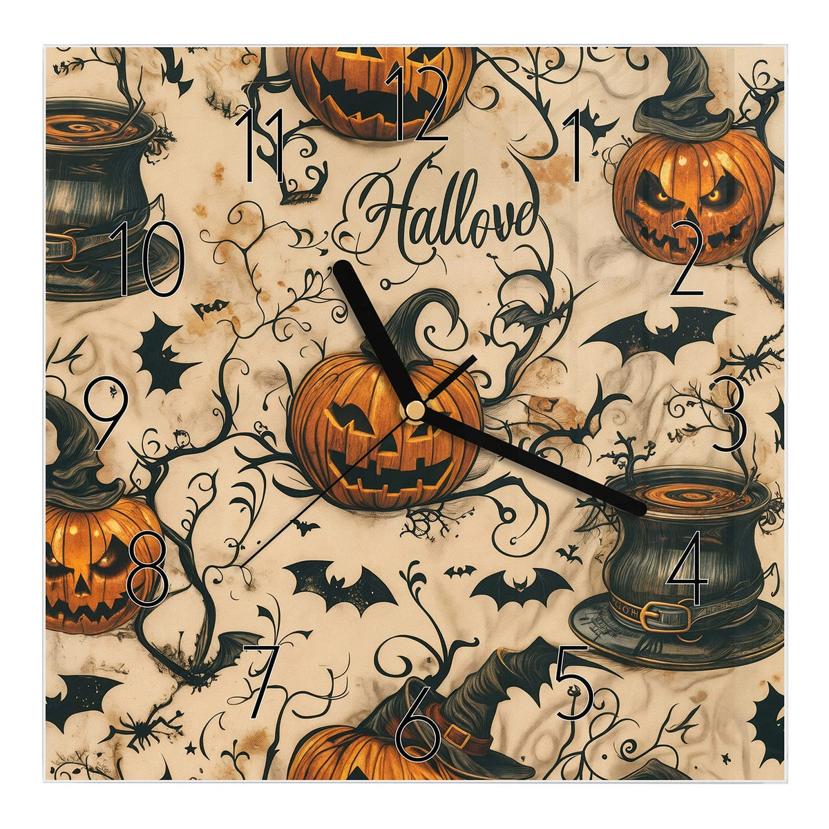 Wanduhr aus Glas, Ziffernblatt Elegant: Nahtloses Vintage-Muster aus Kürbisfratzen, Fledermäusen, Hexenhüten und Halloween-Schriftzug auf Beige #ziffernblatt_Elegant