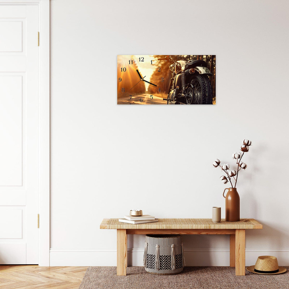 Moderne Wanduhr aus Glas mit Farbtiefe – Wanduhr Motorradsonne aus Glas – Querformat 60 × 30 cm