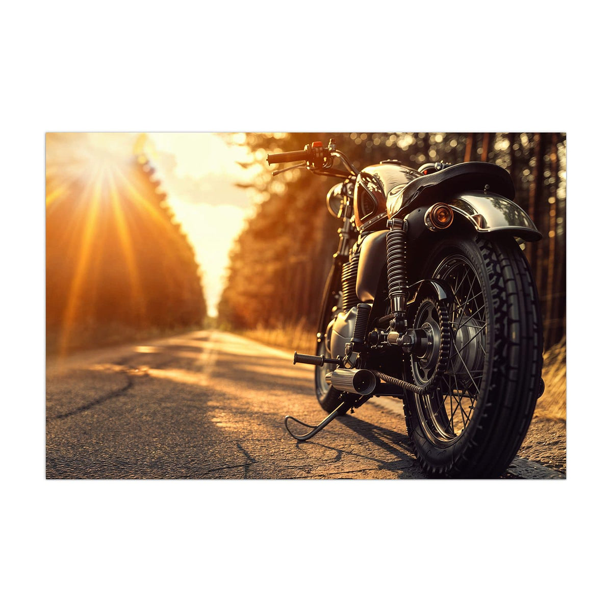 Küchenrückwand aus Glas Motorrad im Gegenlicht im Hochformat, Motiv bildfüllend von vorn