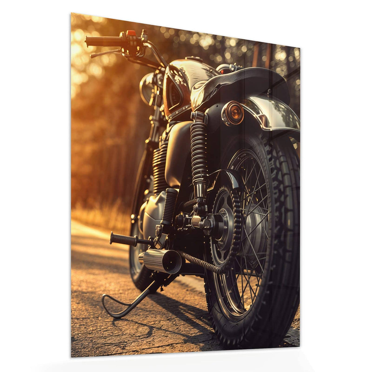 Echtglas, 4 mm – kein Acryl, keine Folie – Wandbild - Motorrad im Gegenlicht - Hochformat