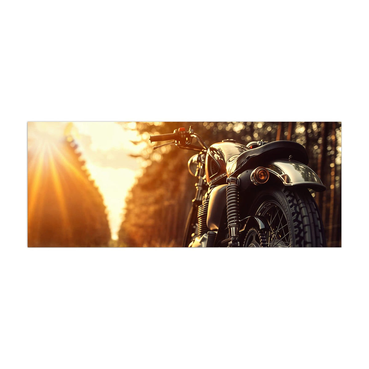 Küchenrückwand aus Glas Motorrad im Gegenlicht im Hochformat, Motiv bildfüllend von vorn