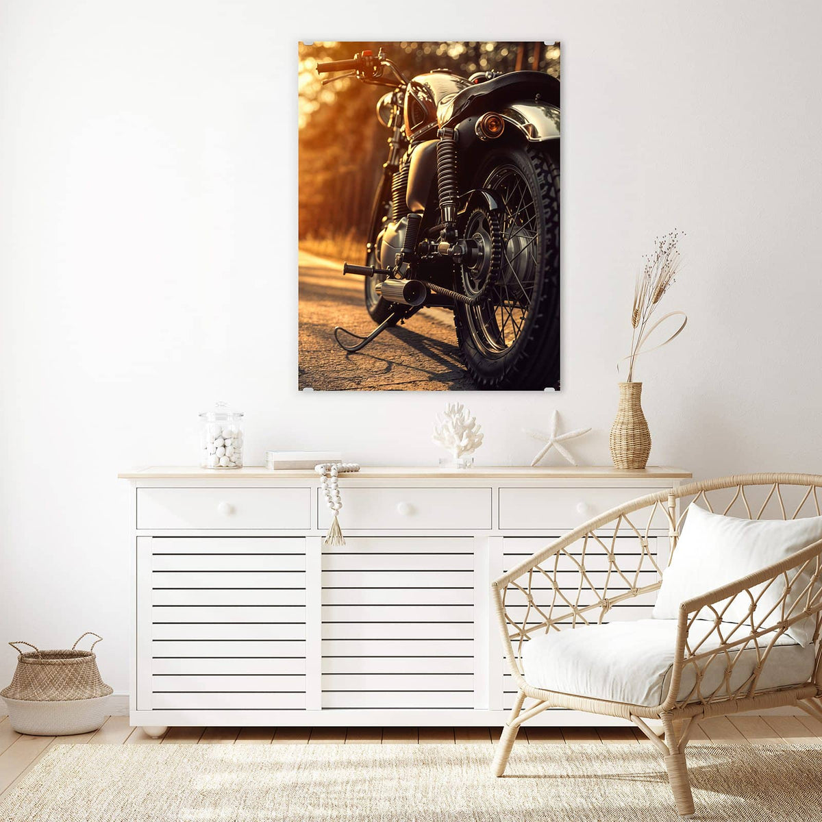 Aufhängung liegt bei – Motiv später wechselbar – Wandbild - Motorrad im Gegenlicht - Hochformat