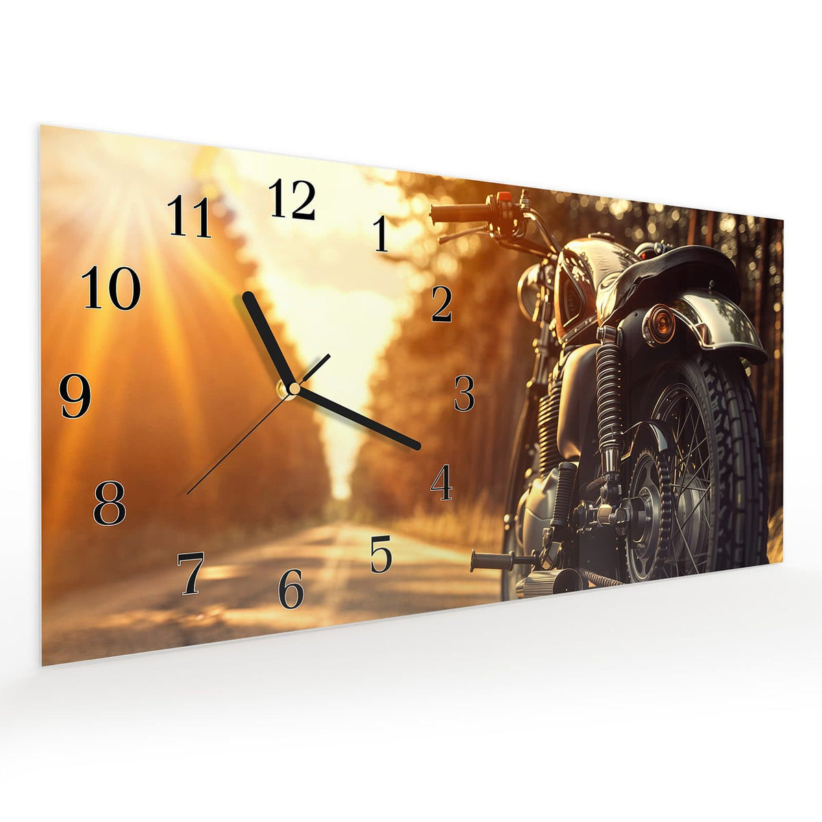 Vormontiert – mit Schwebeeffekt – Wanduhr Motorradsonne aus Glas – Querformat 60 × 30 cm