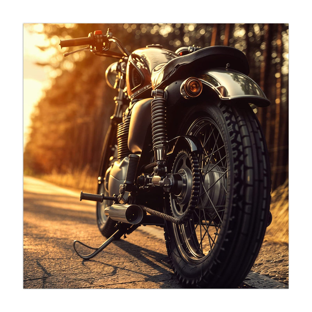 Küchenrückwand aus Glas Motorrad im Gegenlicht im quadratischen Format, Motiv bildfüllend von vorn