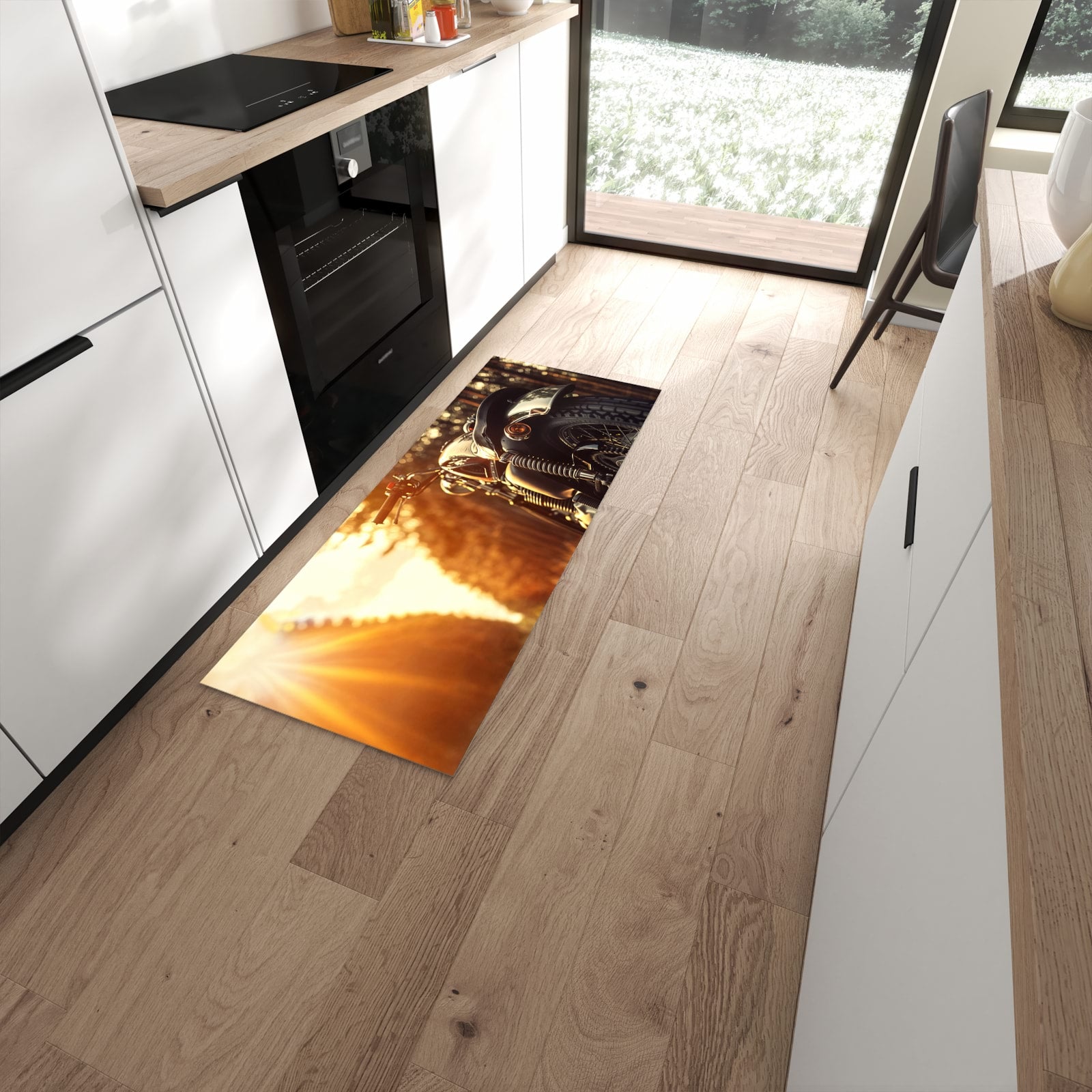Wasserabweisender Küchenteppich mit Motiv Motorradsonne in moderner Küche #grösse_60 x 150 cm