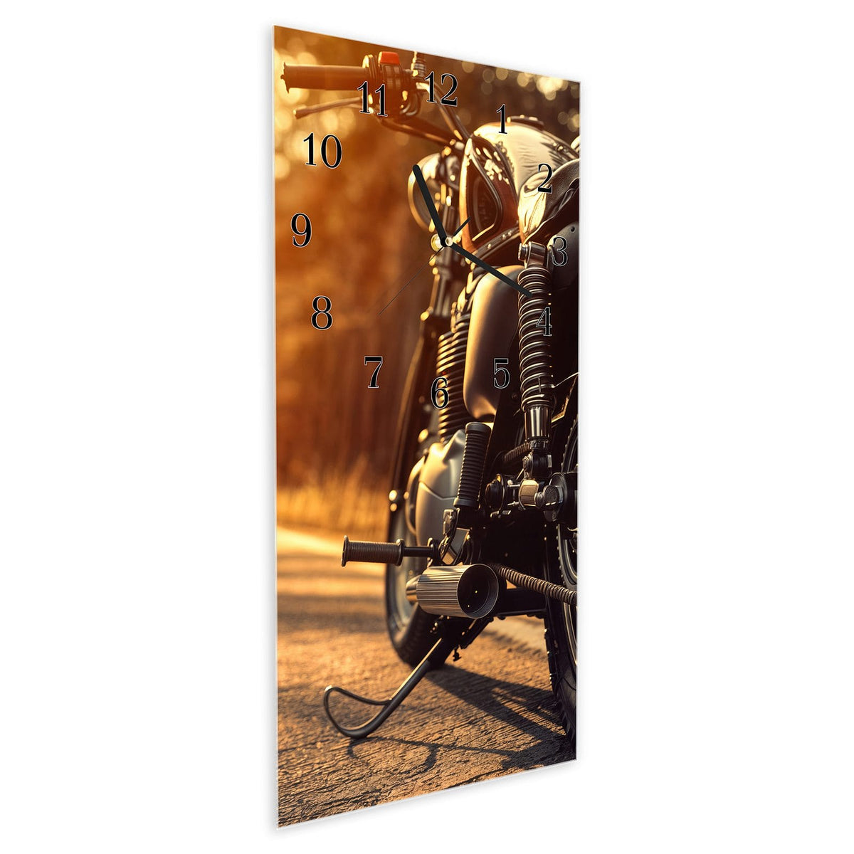 Vormontiert – mit Schwebeeffekt – Wanduhr Motorradsonne aus Glas – Hochformat 30 × 60 cm