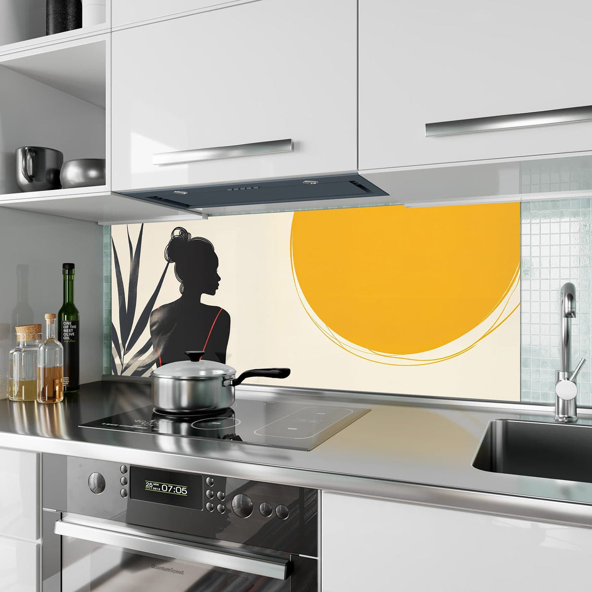 Küchenrückwand Frau im roten Kleid aus Glas – Rotes Kleid neben gelber Sonne