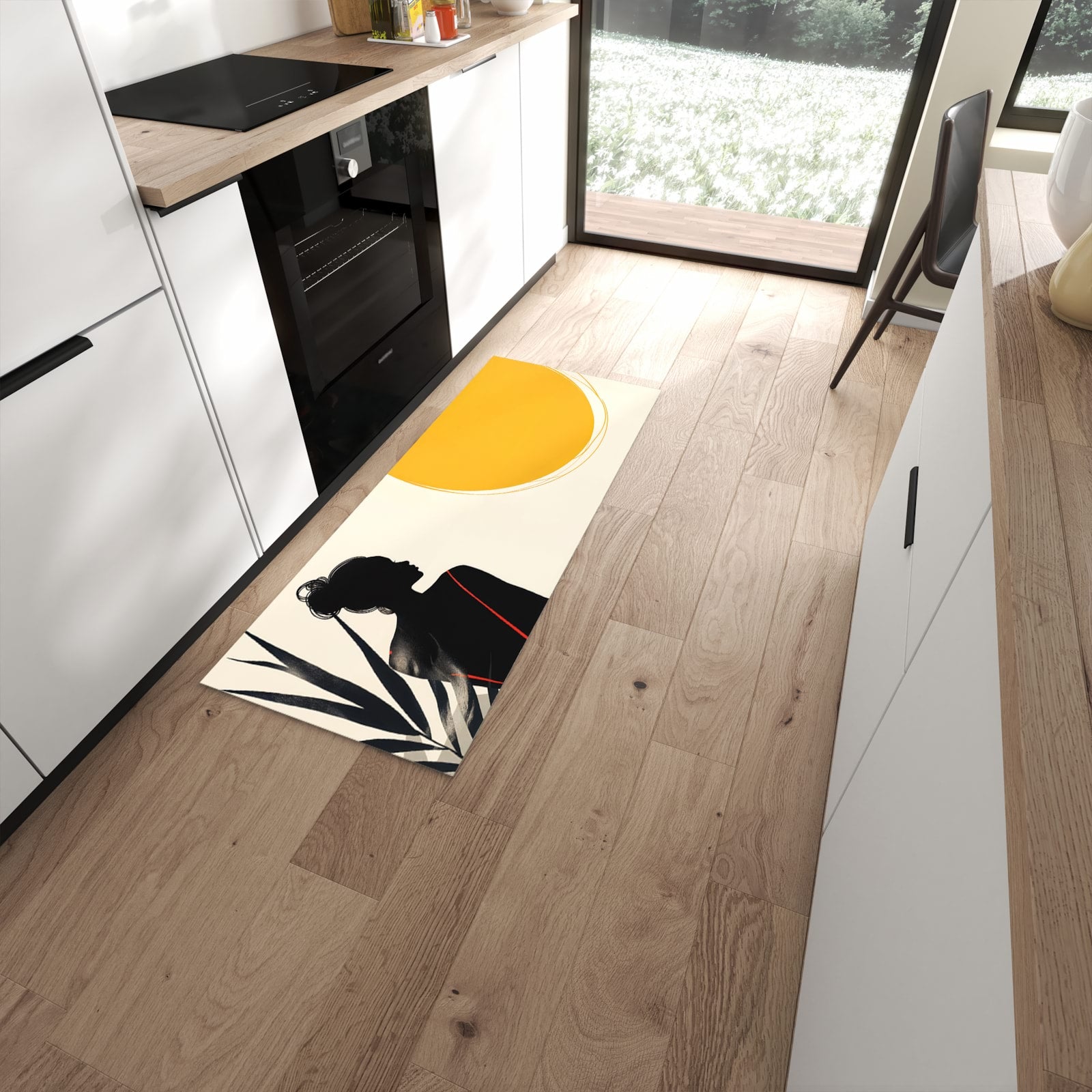Rutschfester waschbarer Küchenläufer mit Motiv Sanfte Sonnenbaden in moderner Küche #grösse_60 x 150 cm