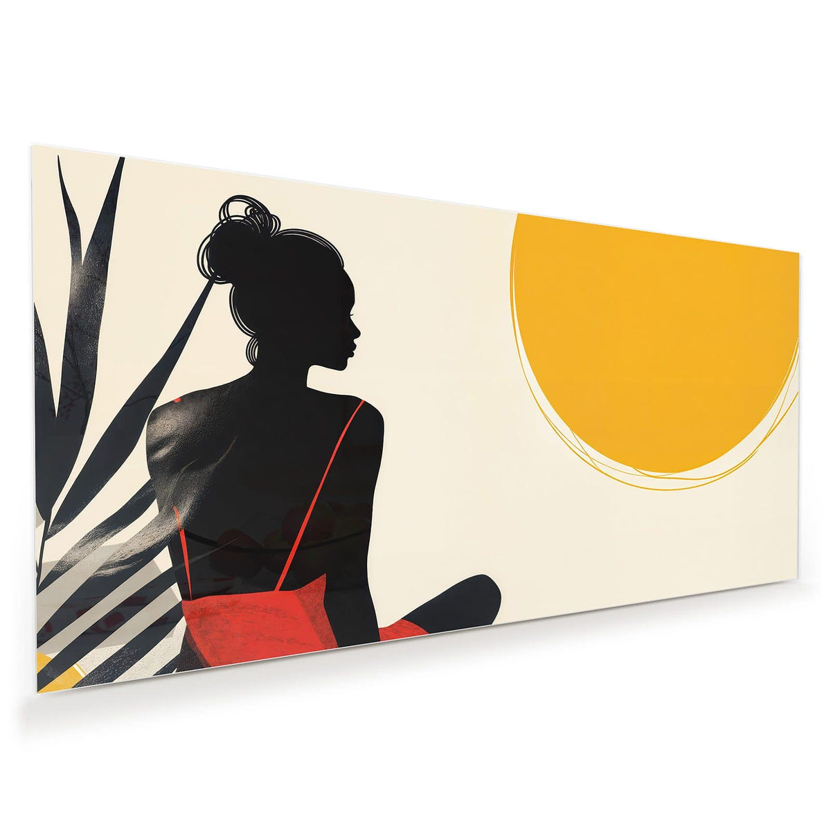 Grafische schwarze Silhouette einer sitzenden Frau im roten Kleid neben gelbem Sonnenkreis