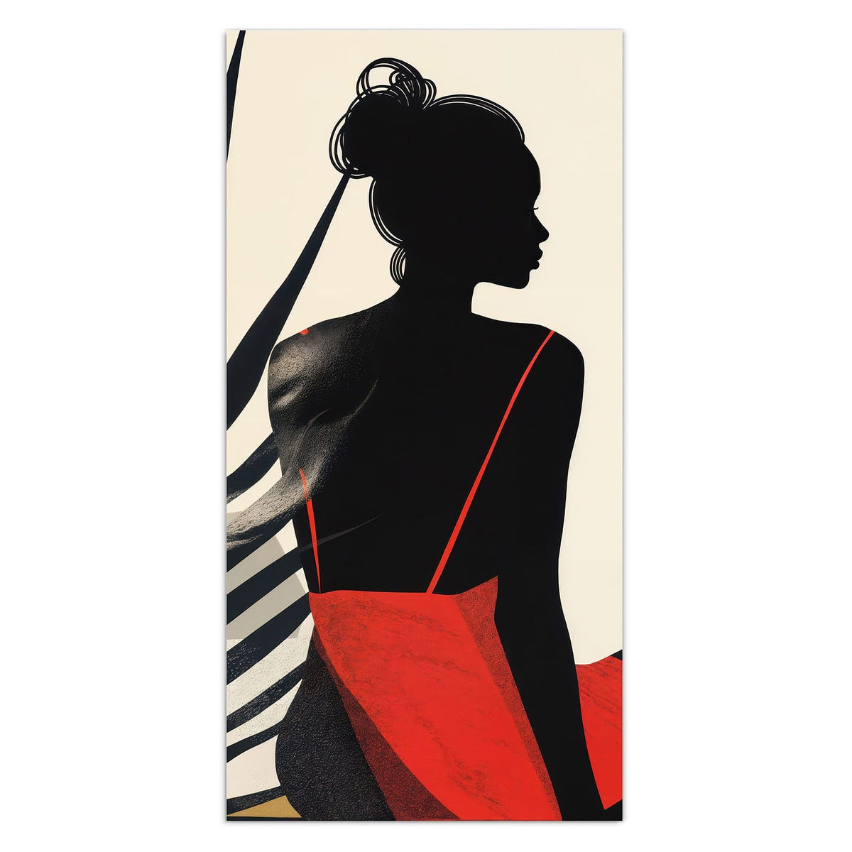 Grafische schwarze Silhouette einer sitzenden Frau im roten Kleid neben gelbem Sonnenkreis