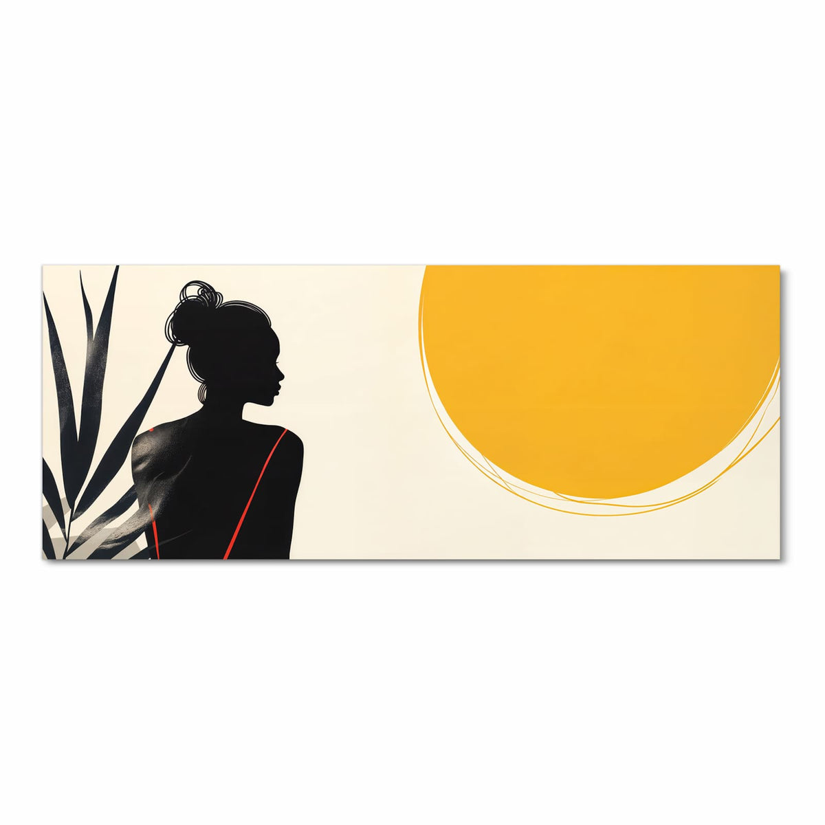 Grafische schwarze Silhouette einer sitzenden Frau im roten Kleid neben gelbem Sonnenkreis