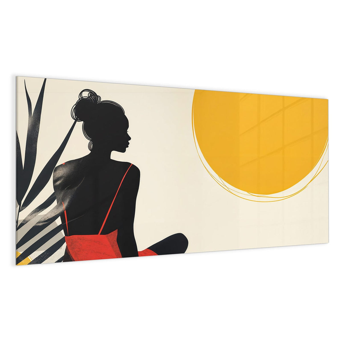 Grafische schwarze Silhouette einer sitzenden Frau im roten Kleid neben gelbem Sonnenkreis