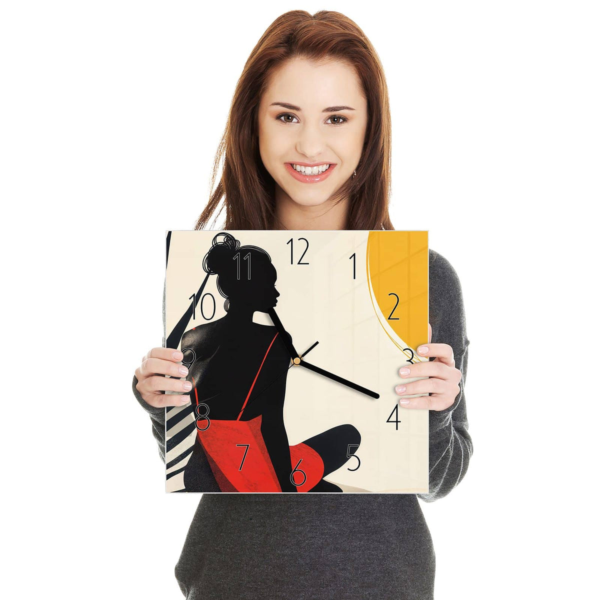 Grafische schwarze Silhouette einer sitzenden Frau im roten Kleid neben gelbem Sonnenkreis