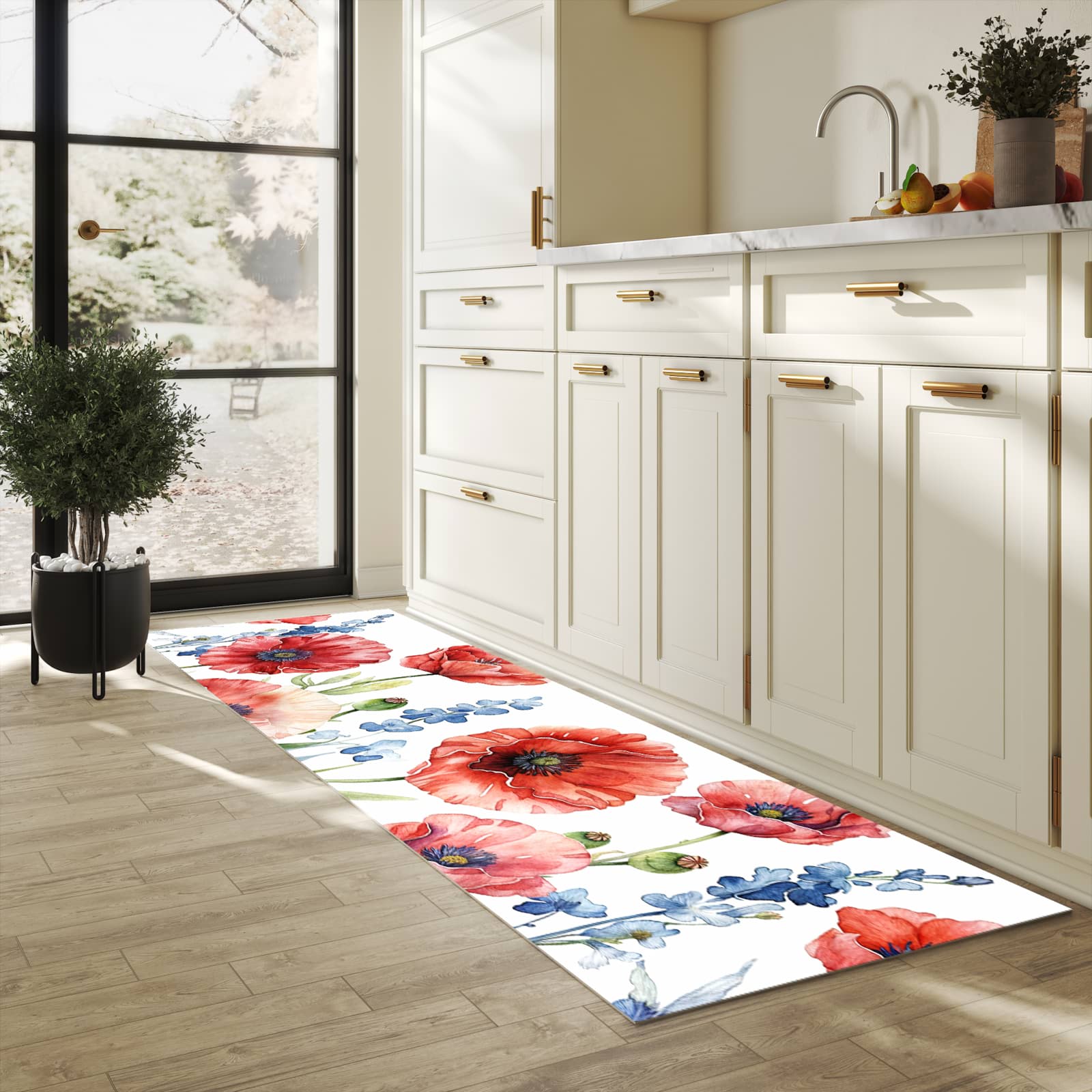 Langlebiger waschbarer Küchenläufer mit Motiv Blumenwiese Kunstvoll in heller Küche