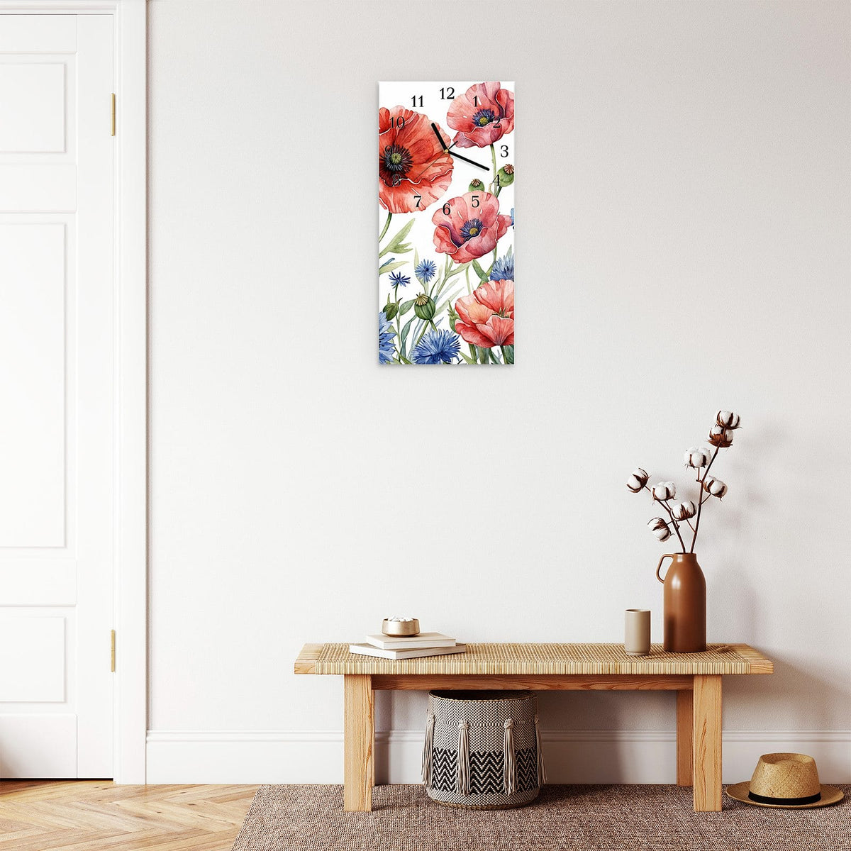 Moderne Wanduhr aus Glas mit Farbtiefe – Wanduhr Blumenwiese Kunstvoll aus Glas – Hochformat 30 × 60 cm
