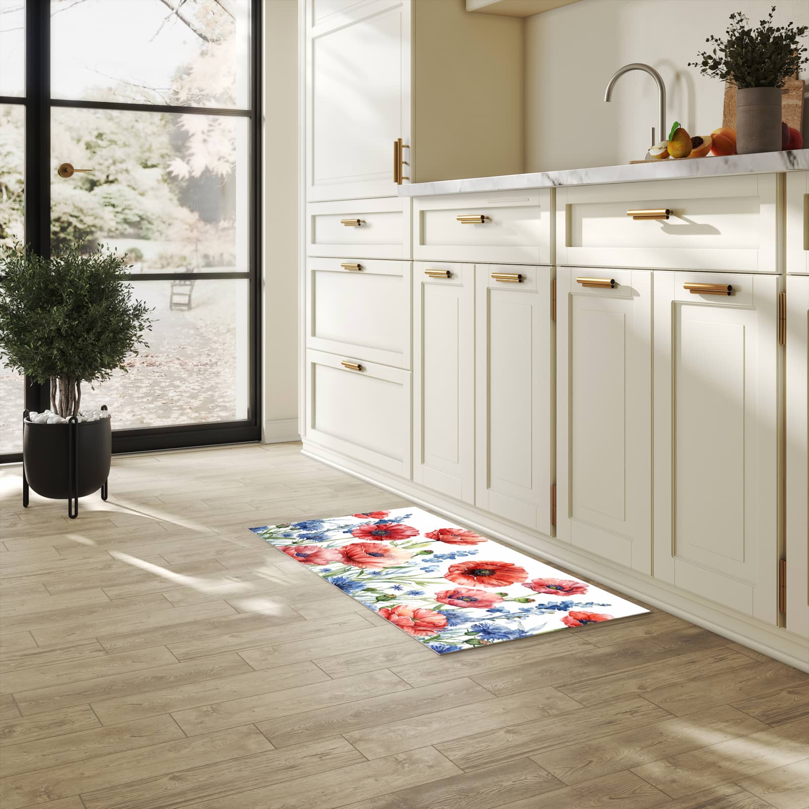 Zeitsparender Läufer Küche mit Motiv Blumenwiese Kunstvoll in heller Küche