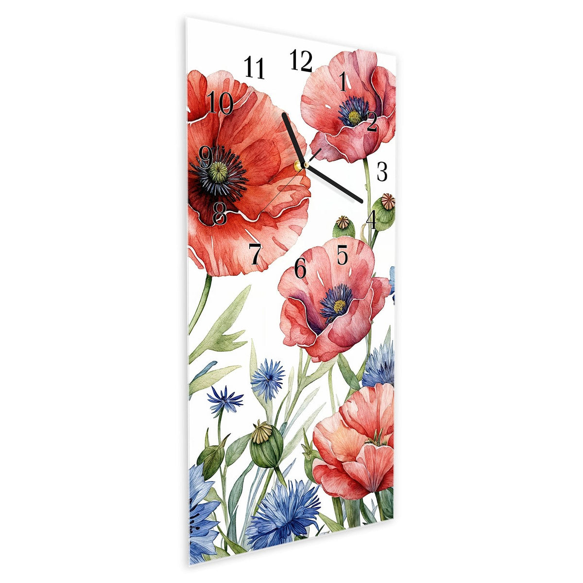 Vormontiert – mit Schwebeeffekt – Wanduhr Blumenwiese Kunstvoll aus Glas – Hochformat 30 × 60 cm