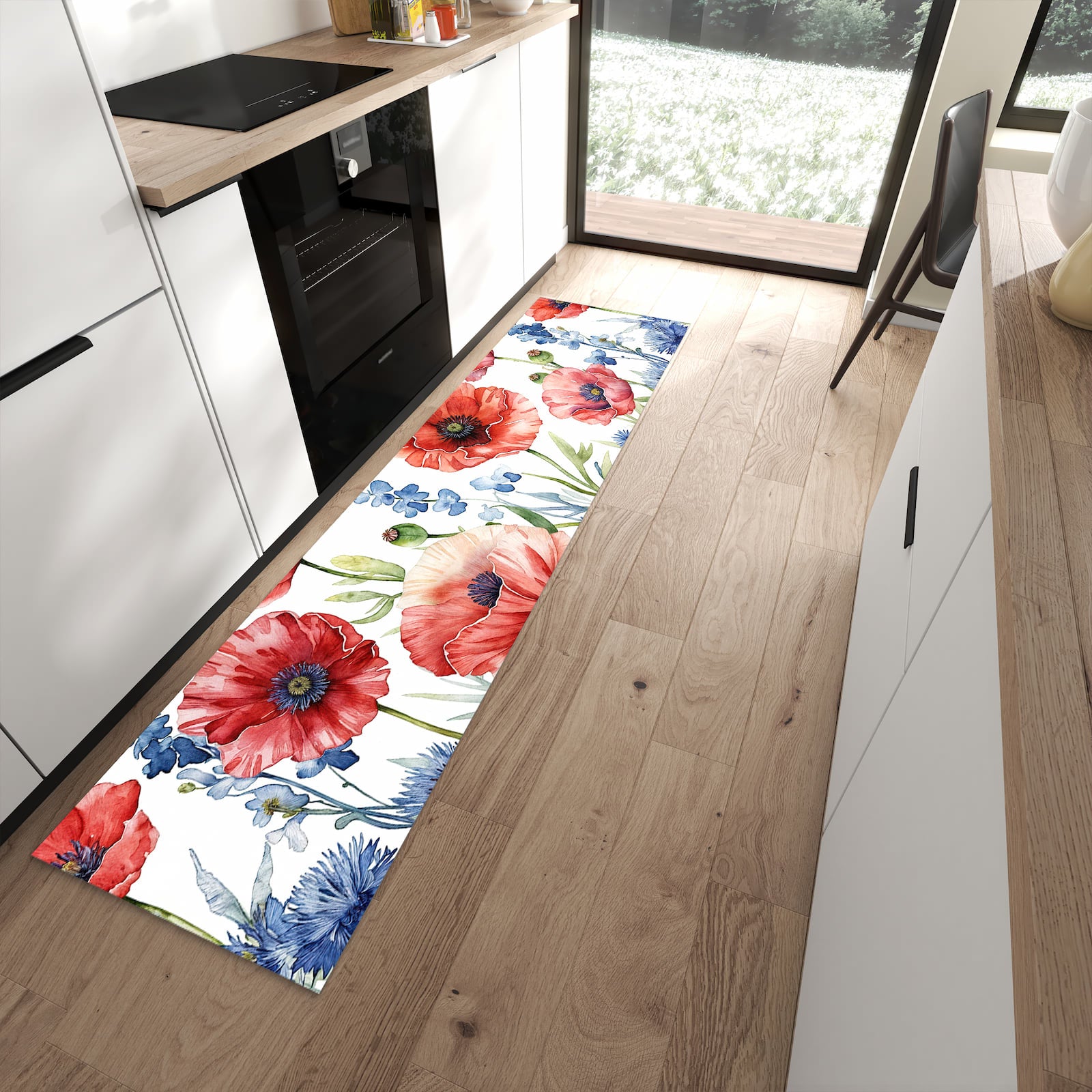 Langlebiger Küchenteppich mit Motiv Blumenwiese Kunstvoll in moderner Küche