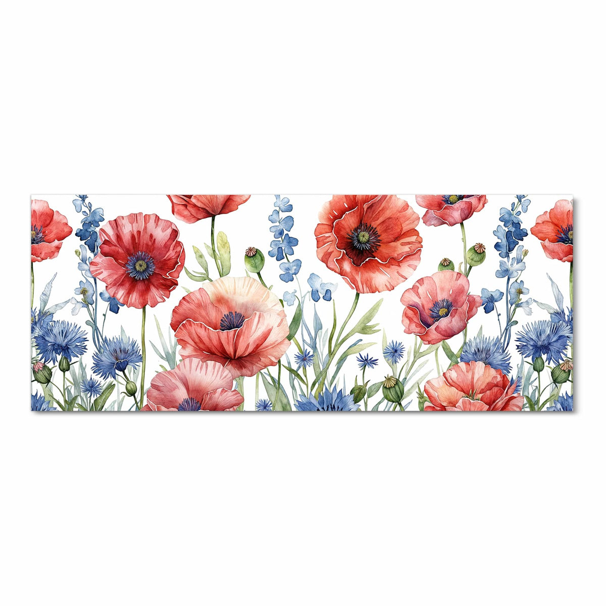 Aquarell mit rotem Klatschmohn und blauen Kornblumen auf weißem Grund