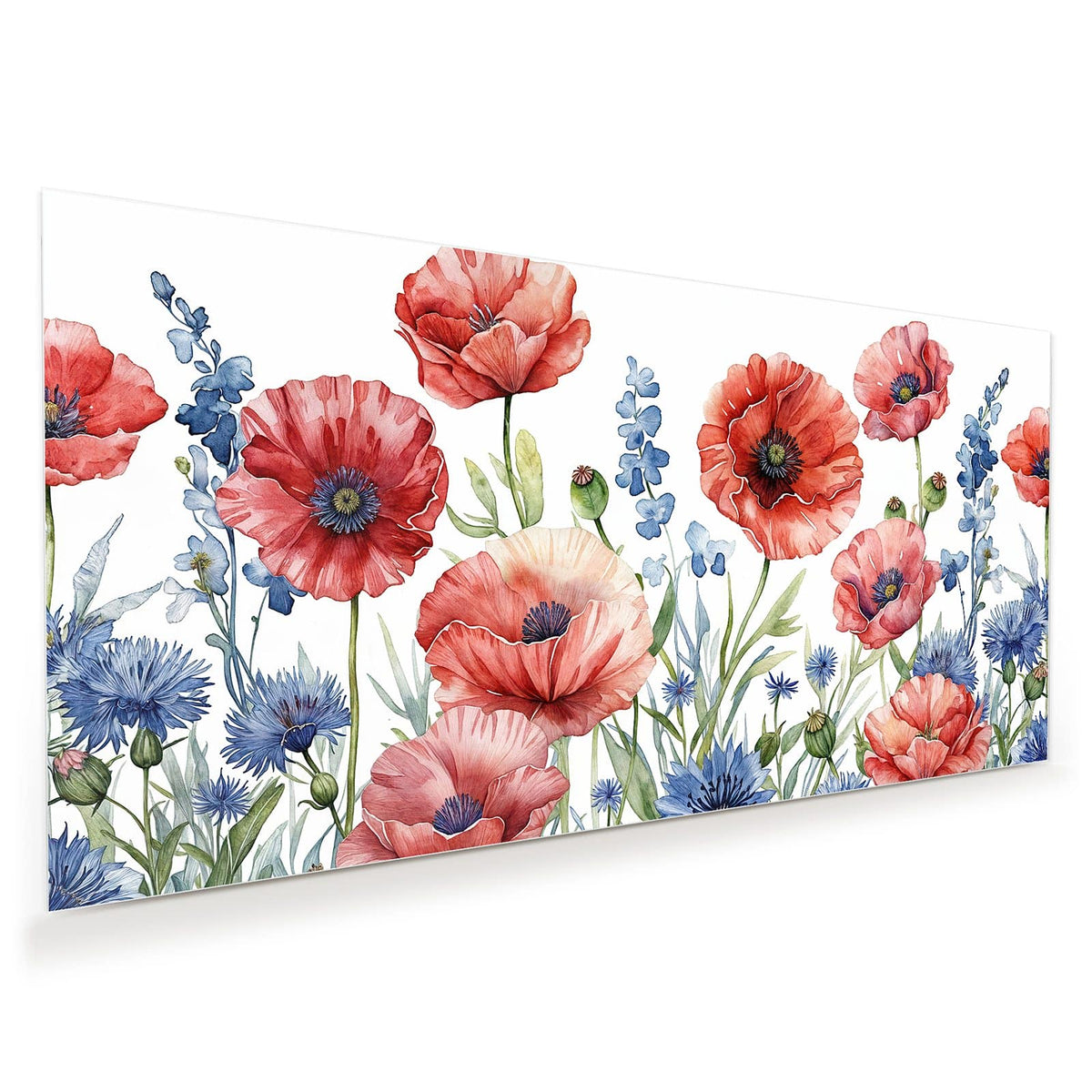 Aquarell mit rotem Klatschmohn und blauen Kornblumen auf weißem Grund