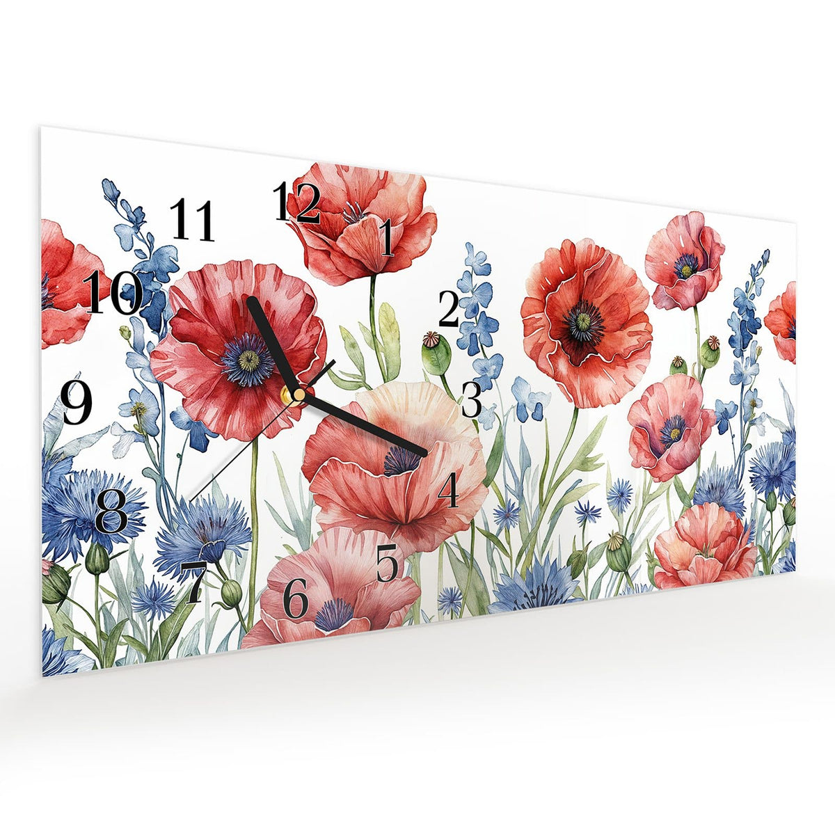 Vormontiert – mit Schwebeeffekt – Wanduhr Blumenwiese Kunstvoll aus Glas – Querformat 60 × 30 cm