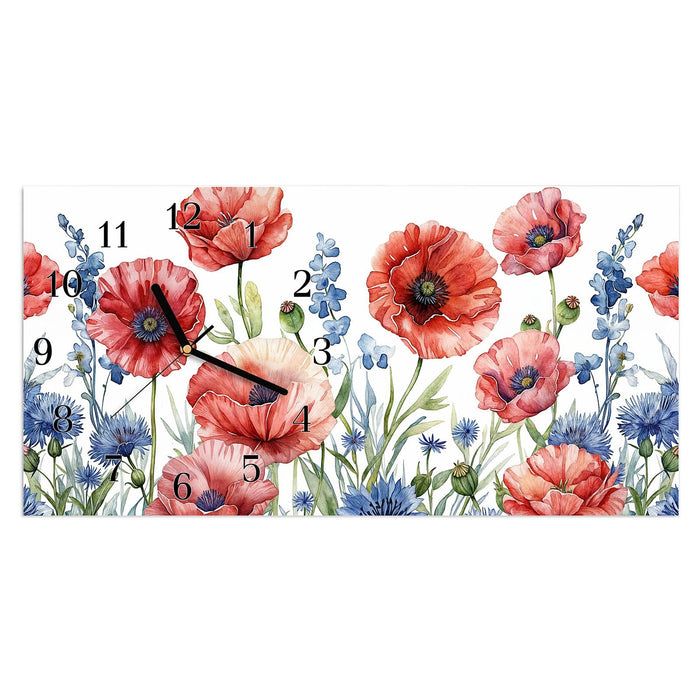 Wanduhr Blumenwiese Kunstvoll aus Glas – Querformat 60 × 30 cm mit Ziffernblatt Klassisch