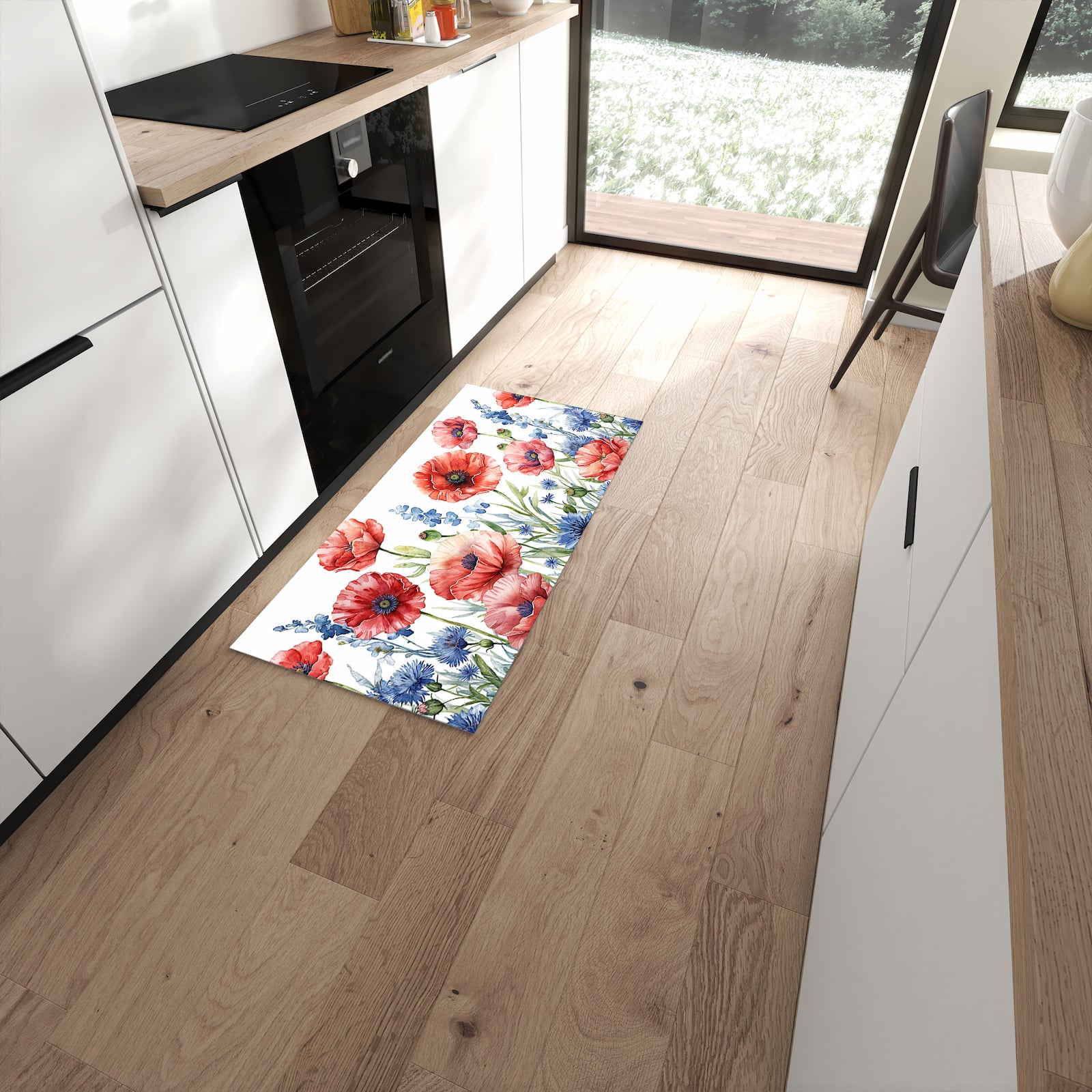 Fleckenresistenter Küchenteppich mit Motiv Blumenwiese Kunstvoll in moderner Küche #grösse_60 x 120 cm
