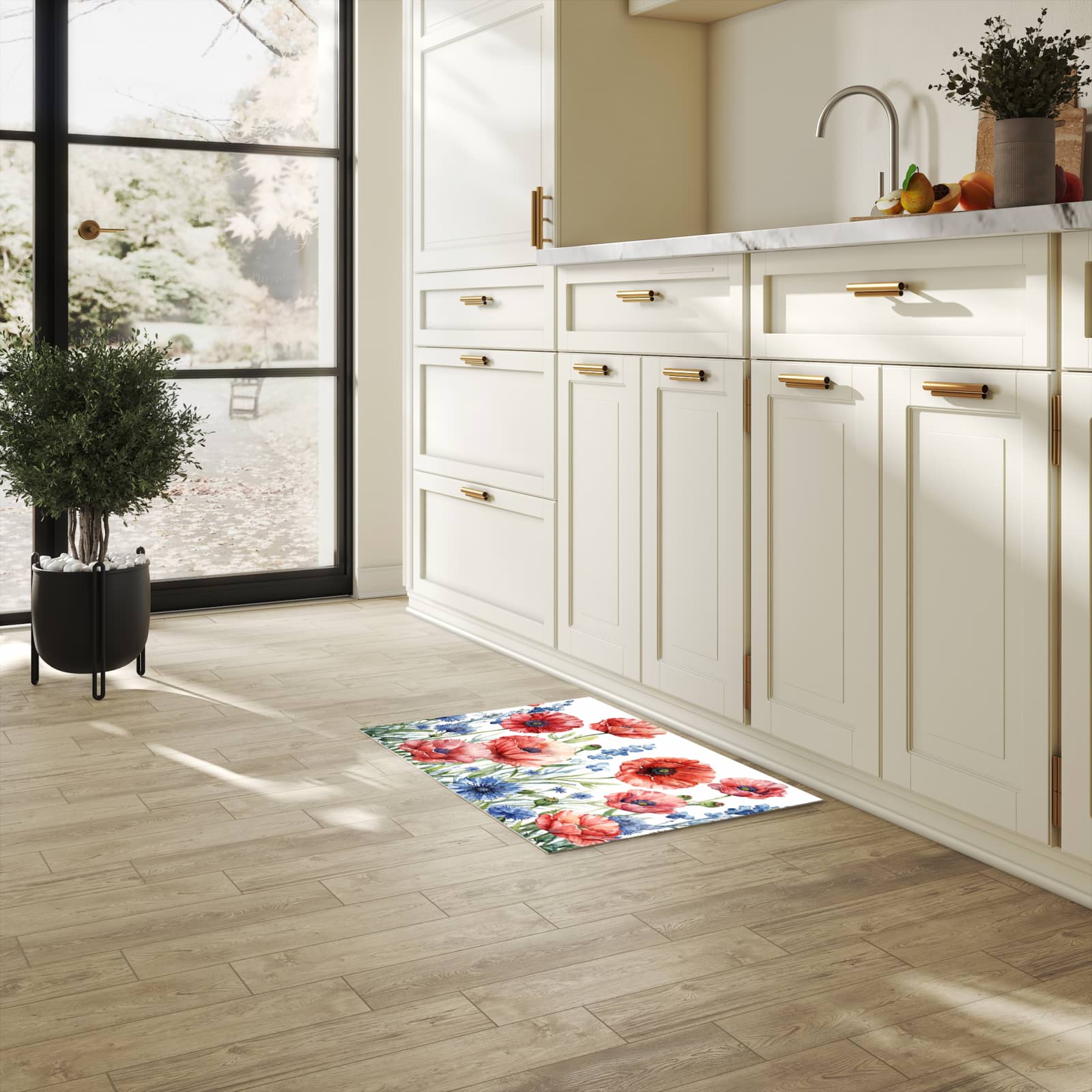 Fleckenresistenter Küchenläufer mit Motiv Blumenwiese Kunstvoll in heller Küche