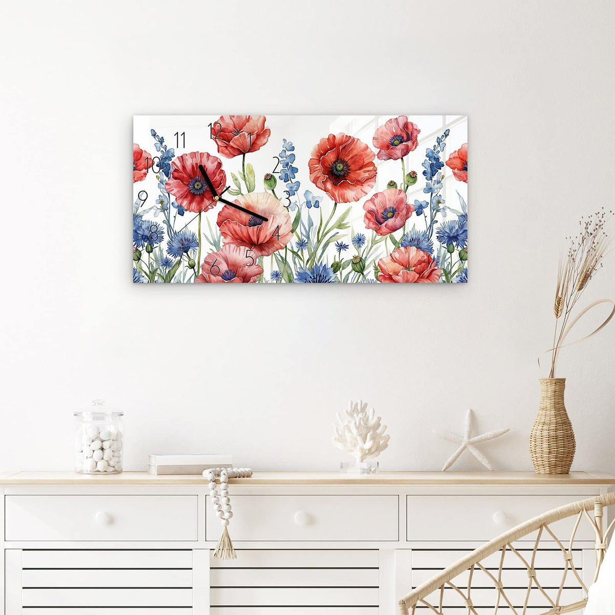 Wanduhr Blumenwiese Kunstvoll aus Glas – Querformat 60 × 30 cm – Roter Mohn und blaue Kornblumen