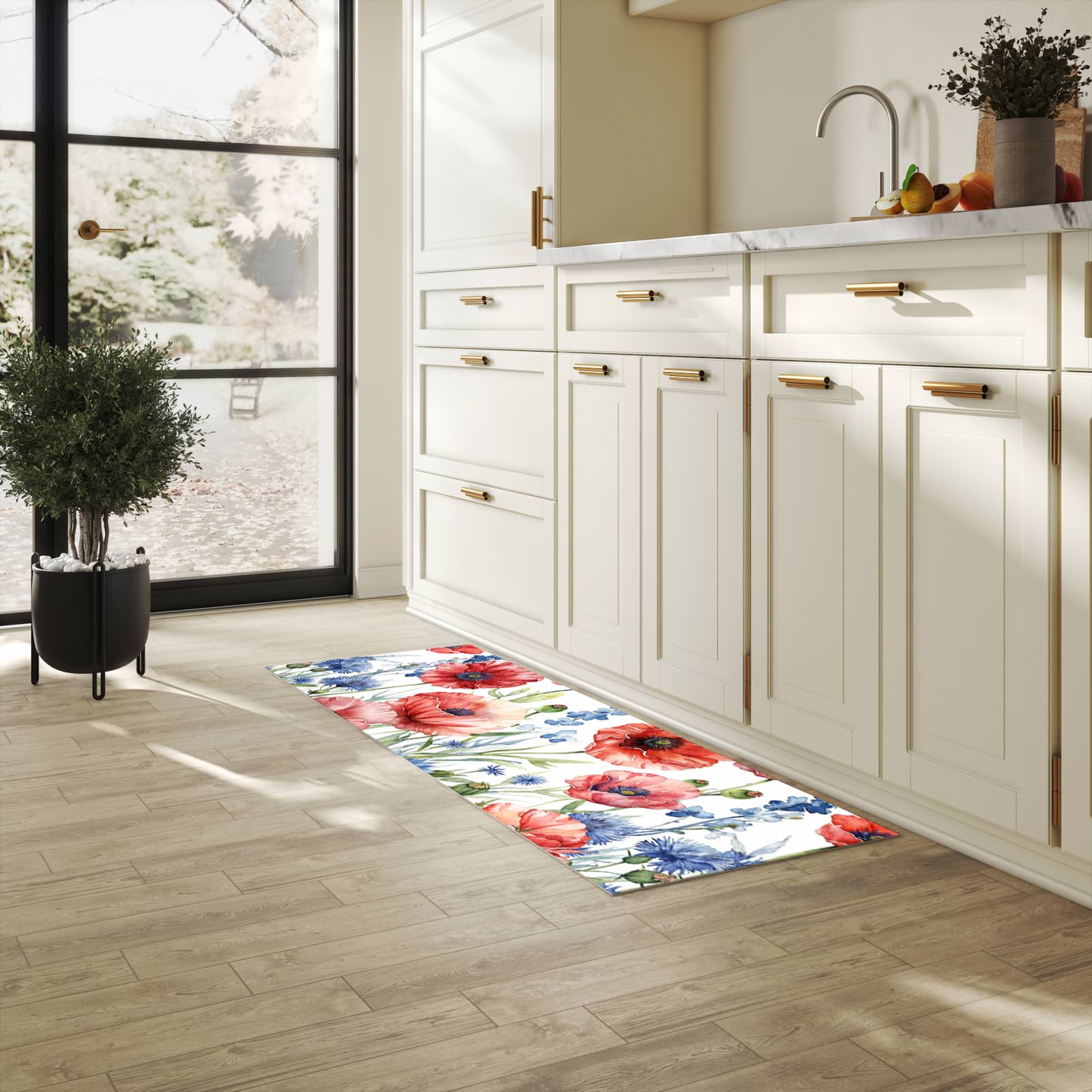 Abriebfester Küchenläufer mit Motiv Blumenwiese Kunstvoll in heller Küche